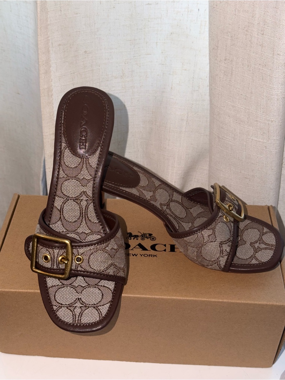 Coach Brown Logo Canvas Slide Mules with Gold Buckle